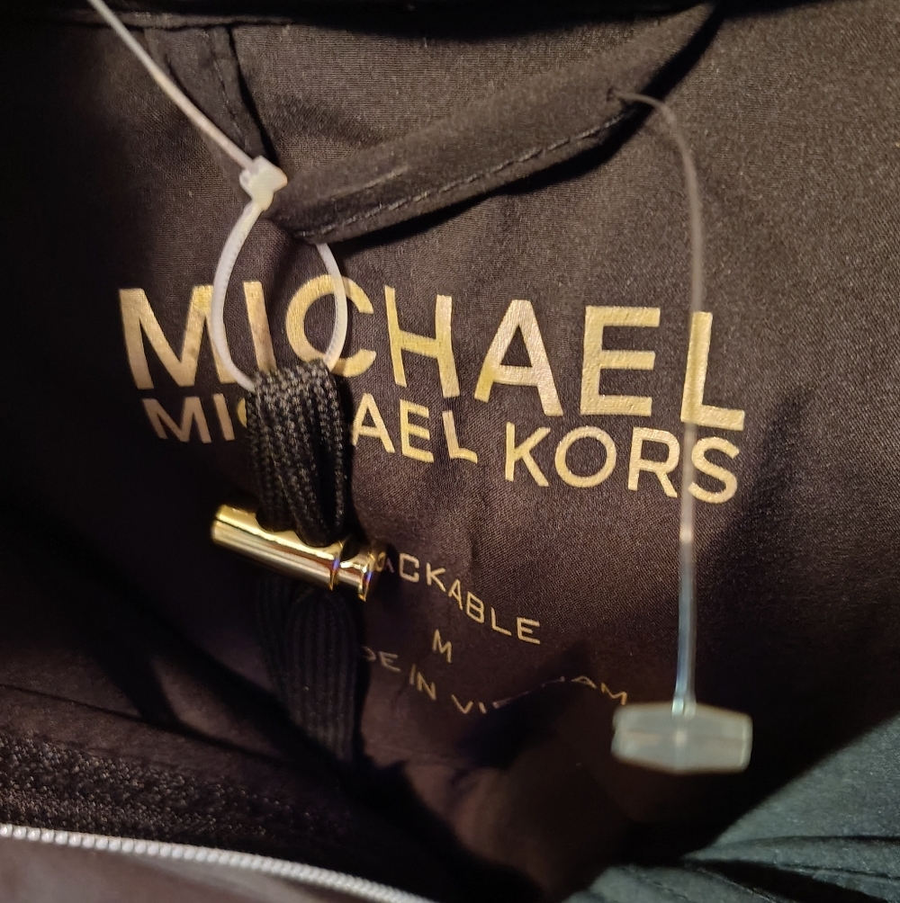 Michael Kors Black Puffer Coat with Gold Accents, Hip Length New With Tags - Picture 6 of 11